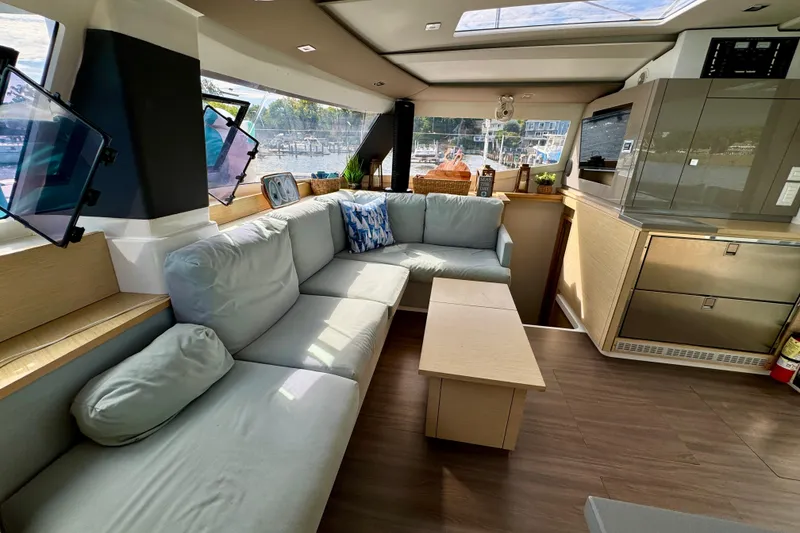 Slide: The Image of Luxurious interior of 2018 Fountaine Pajot Helia 44 Evolution catamaran with modern furnishings. - 65