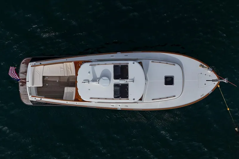 Slide: The Image of Aerial view of 2015 Hinckley Picnic Boat 37 MKIII on water. - 16