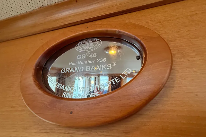 Slide: The Image of Plaque on 2001 Grand Banks 46 Classic yacht, hull number 236, built in Singapore. - 78