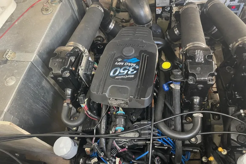 Slide: The Image of Engine compartment of a 2007 Sea Ray 320 Sundancer with MerCruiser 350 MAG MPI engine. - 35