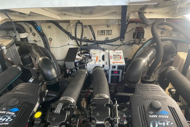 Slide: The Image of Engine room of 2007 Sea Ray 320 Sundancer with MerCruiser 350 MAG MPI engines. - 37