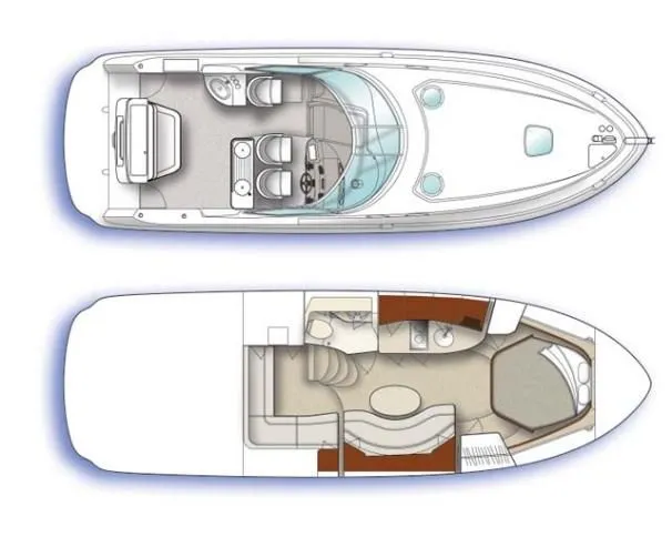 Slide: The Image of 2007 Sea Ray 340 Sundancer layout, top and interior views, showcasing cabin and cockpit design. - 26