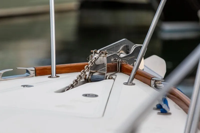 Slide: The Image of Close-up of 2004 Hinckley Picnic Boat EP anchor chain and deck details. - 13