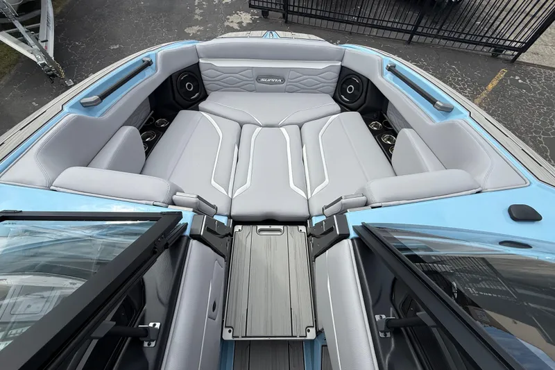 Slide: The Image of Luxurious interior of 2026 Supa SA 550 boat with sleek gray seating and modern design. - 12