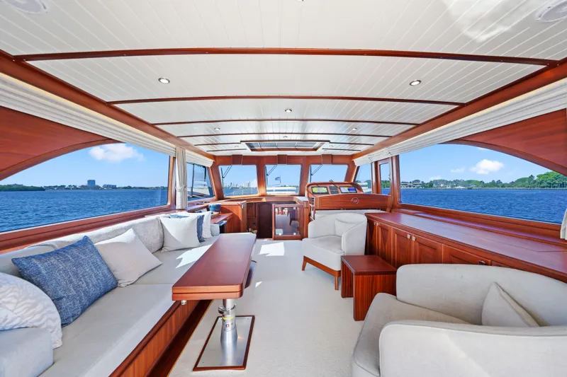 Slide: The Image of Luxurious interior of 2023 Vicem 65 Classic yacht with elegant wood finishes and scenic ocean view. - 22