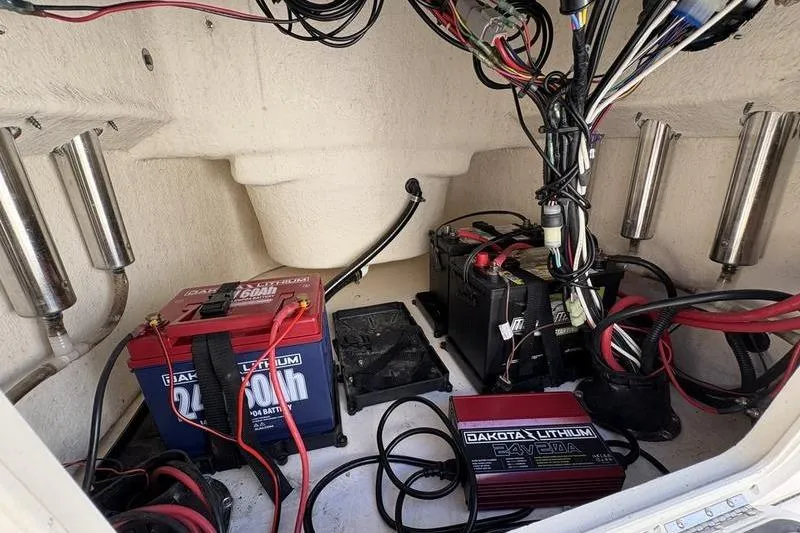 Slide: The Image of Bulls Bay 2000 boat battery compartment with Dakota Lithium batteries, 2025 model. - 18