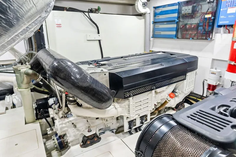 Slide: The Image of Engine room of 2022 Galeon 640 Fly yacht, showcasing advanced machinery and components. - 108