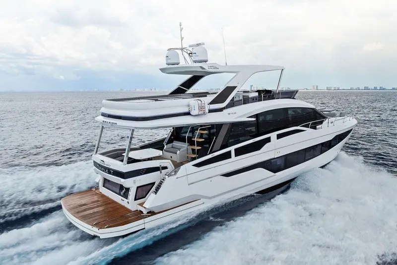 Slide: The Image of 2022 Galeon 640 Fly yacht cruising on open water, showcasing sleek design and luxury features. - 21