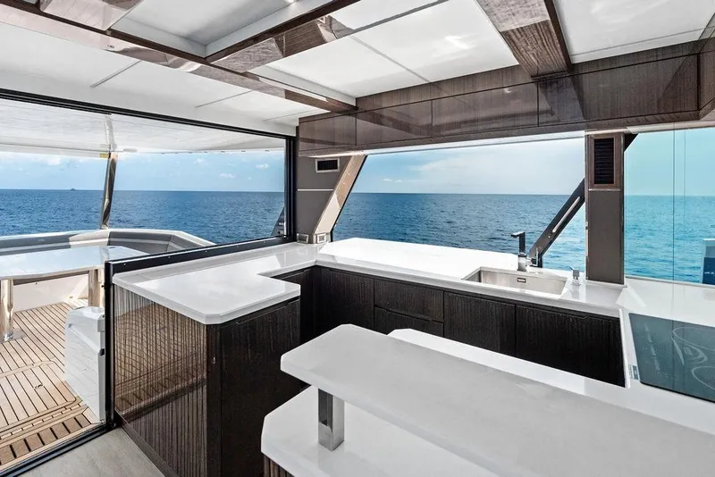 Slide: The Image of Luxurious interior of 2022 Galeon 640 Fly yacht with ocean view. - 54