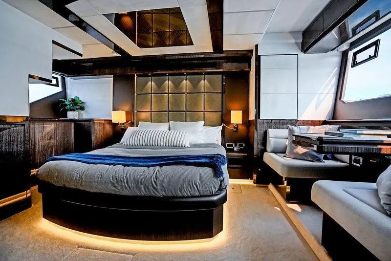 Slide: The Image of Luxurious bedroom interior of 2022 Galeon 640 Fly yacht with modern design and ambient lighting. - 81