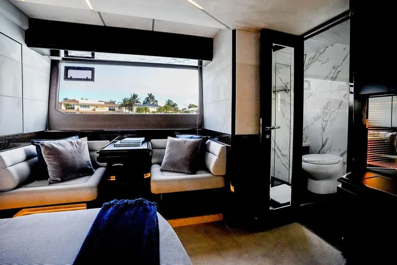 Slide: The Image of Luxurious interior of 2022 Galeon 640 Fly yacht with modern seating and elegant bathroom. - 83