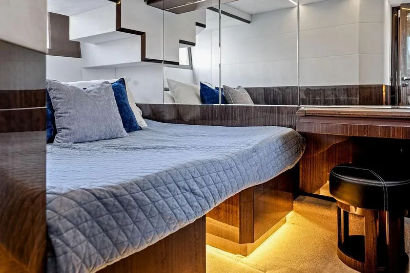 Slide: The Image of Luxurious bedroom interior of 2022 Galeon 640 Fly yacht with modern design and ambient lighting. - 88