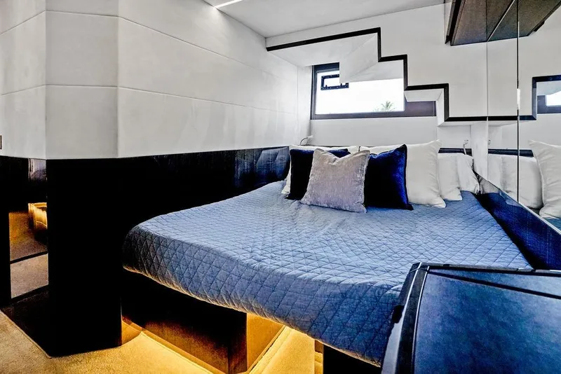 Slide: The Image of Luxurious bedroom interior on 2022 Galeon 640 Fly yacht with modern design and cozy bedding. - 89