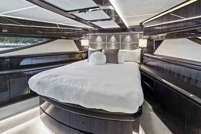 Slide: The Image of Luxurious bedroom interior of 2022 Galeon 640 Fly yacht with modern design and elegant furnishings. - 98