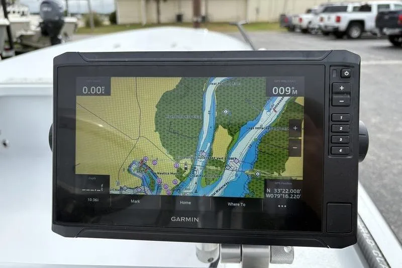 Slide: The Image of Garmin GPS navigation system on 2025 East Cape EVO boat, displaying detailed waterway map. - 11