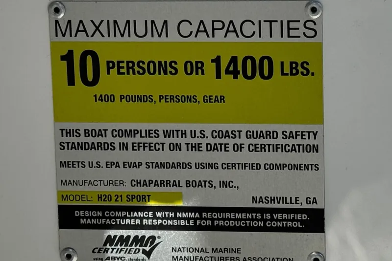 Slide: The Image of Capacity label for 2014 Chaparral 21 H2O Sport, 10 persons or 1400 lbs, safety compliance. - 30