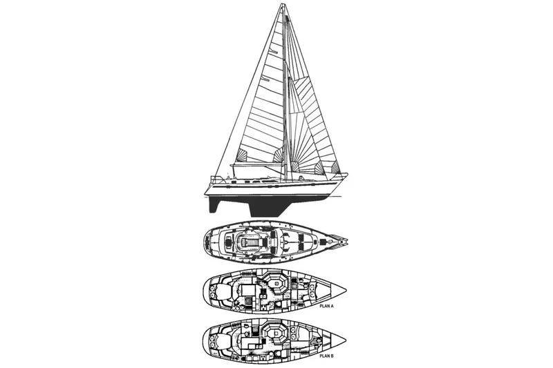 Slide: The Image of Line drawing of 1989 Taswell 43 sailboat with detailed deck and interior plans. - 4