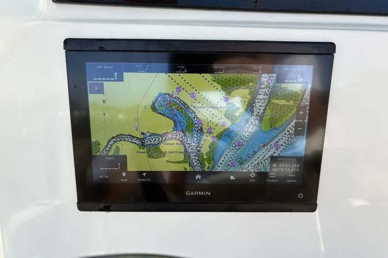 Slide: The Image of Garmin navigation display on 2025 Pioneer 202 Islander boat dashboard. - 19