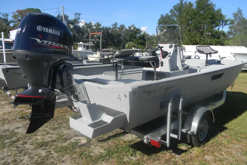 Slide: The Image of 2025 SeaArk Shadow 20 t boat with Yamaha VMAX engine on trailer. - 14