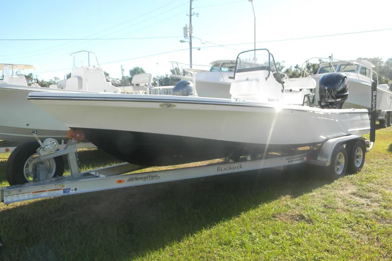 Slide: The Image of 2026 BlackJack 224 boat on trailer, parked on grass, sunny day. - 7