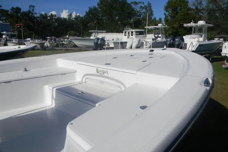 Slide: The Image of 2026 BlackJack 224 boat, sleek white design, docked among other boats, sunny day. - 9