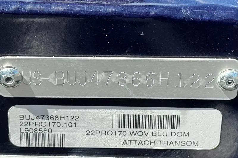 Slide: The Image of 2022 Tracker Pro 170 boat identification plate with serial number and barcode. - 22