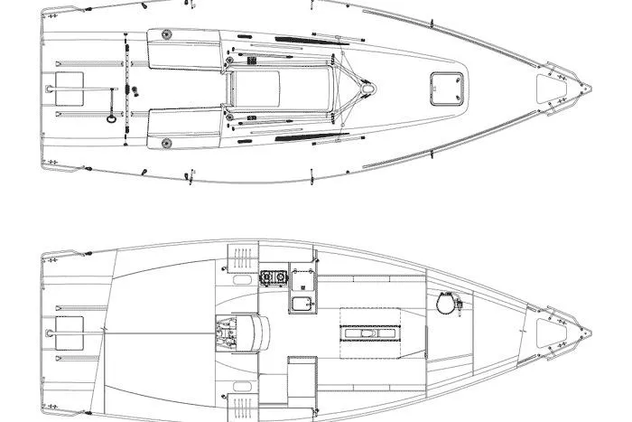 Slide: The Image of Line drawing of 2021 J Boats J99 sailboat, showcasing deck and interior layout. - 4