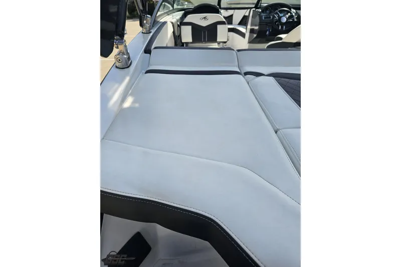 Slide: The Image of 2018 Monterey 238SS Super Sport boat interior with sleek white seating and modern design. - 34