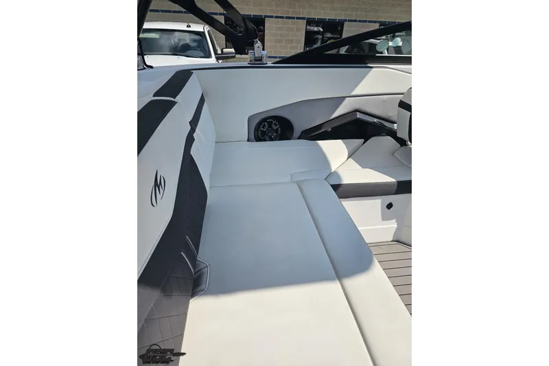 Slide: The Image of 2018 Monterey 238SS Super Sport boat interior with white seating and sleek design. - 41
