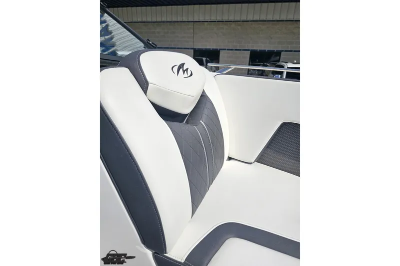 Slide: The Image of 2018 Monterey 238SS Super Sport boat seat with stylish white and gray upholstery. - 63