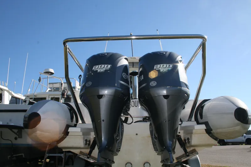 Slide: The Image of Twin Yamaha 300 V6 engines on a 2012 Protector Targa 30 boat. - 22