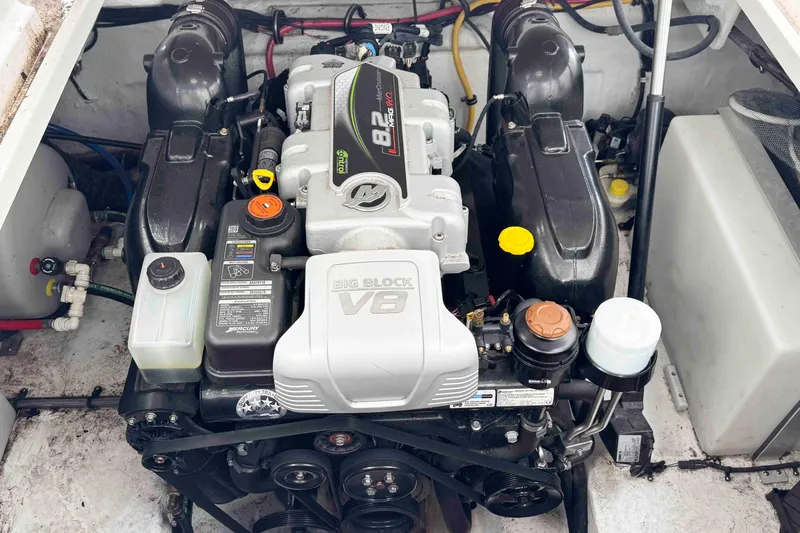 Slide: The Image of Engine of 2019 Monterey 295 Sport Yacht, featuring a powerful V8 configuration. - 23