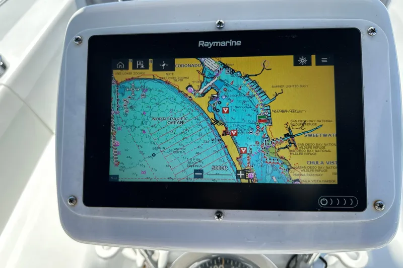 Slide: The Image of Raymarine navigation display on 1995 Catalina 320 sailboat, showing North Pacific Ocean map. - 40