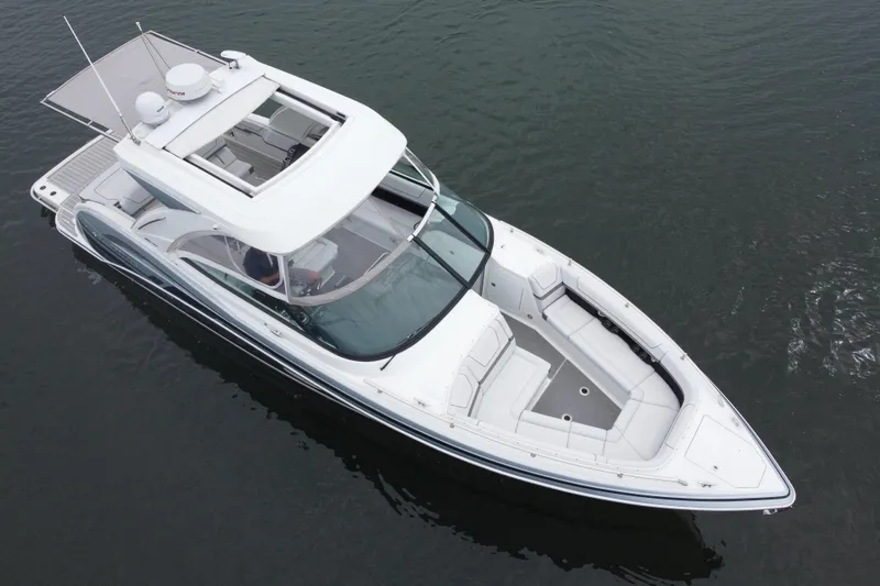 Slide: The Image of 2020 Formula 350 Crossover Bowrider on calm water, aerial view. - 62