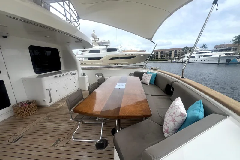 Slide: The Image of Luxurious 2009 Nordhavn N78 yacht deck with elegant seating and dining area. - 12
