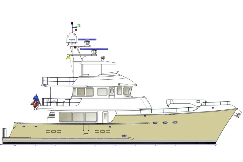 Slide: The Image of Side view illustration of a 2009 Nordhavn N78 yacht with detailed design features. - 48