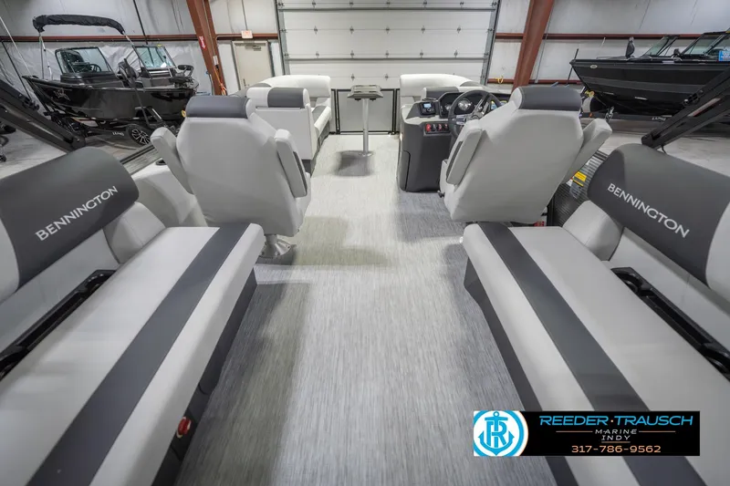 Slide: The Image of Interior of 2026 Bennington 20 SSR pontoon boat with gray seating and modern design. - 19