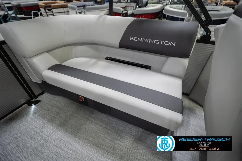 Slide: The Image of 2026 Bennington 20 SSR boat interior with sleek, modern seating design. - 28