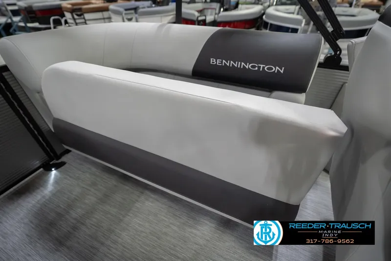 Slide: The Image of 2026 Bennington 20 SSR boat interior seating with logo, showcased at Reeder-Trausch Marine. - 29