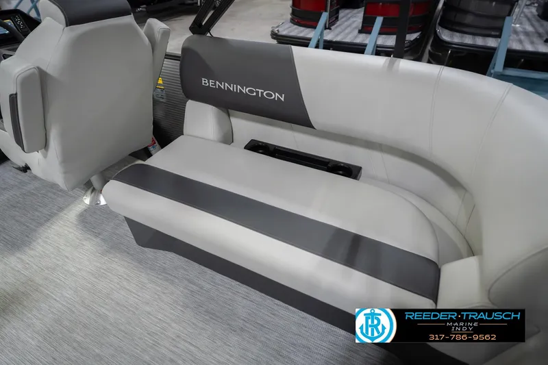 Slide: The Image of 2026 Bennington 20 SSR boat interior with gray seating and logo. - 42