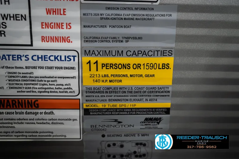 Slide: The Image of 2026 Bennington 20 SSR capacity label: 11 persons, 1590 lbs, 140 HP motor. - 53