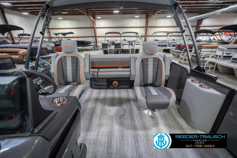 Slide: The Image of 2026 Bennington 24 MSB pontoon boat interior with modern seating and sleek design. - 17