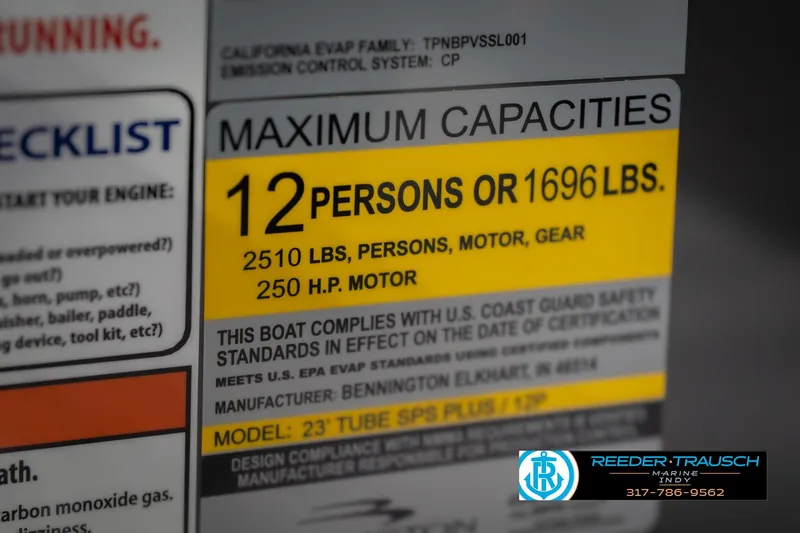 Slide: The Image of Capacity label for 2026 Bennington 24 MSB boat, 12 persons or 1696 lbs, 250 HP motor. - 66