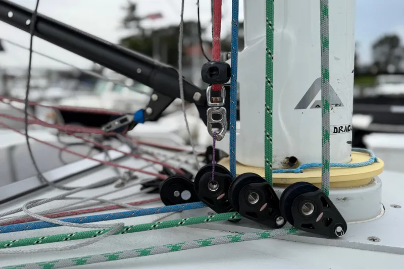 Slide: The Image of Close-up of J/112E sailboat rigging and ropes, 2022 model by J Boats. - 21
