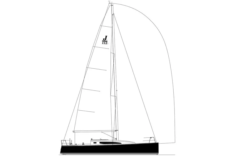 Slide: The Image of Line drawing of 2022 J Boats J/112E sailboat, showcasing sleek design and tall mast. - 45
