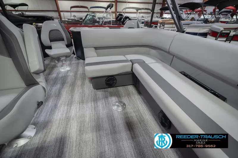 Slide: The Image of Interior of 2026 Bennington 21 SF boat with gray seating and carpeted flooring. - 29