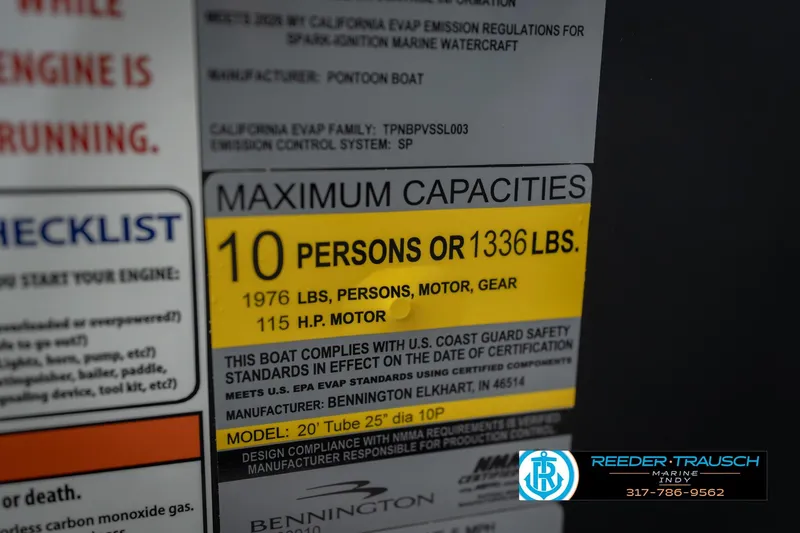 Slide: The Image of 2026 Bennington 21 SF capacity label: 10 persons or 1336 lbs, 115 HP motor. - 57