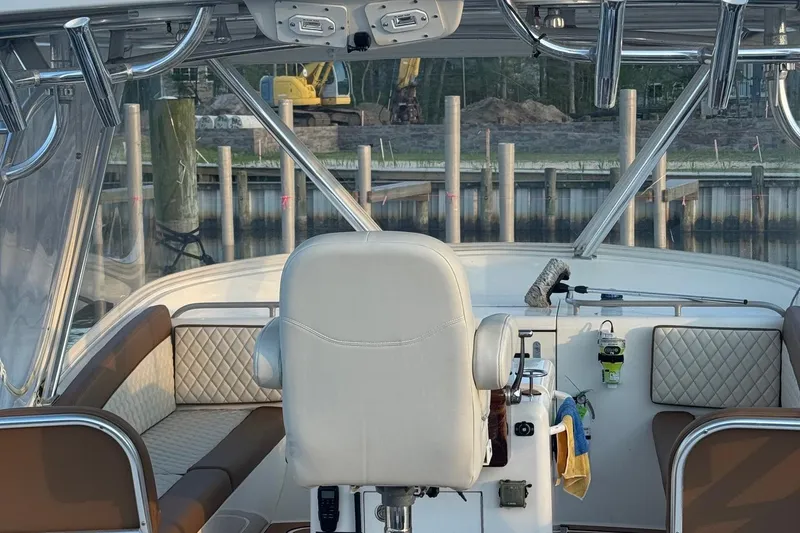 Slide: The Image of 2005 Egg Harbor 35' Express boat docked in marina, rear view. - 6