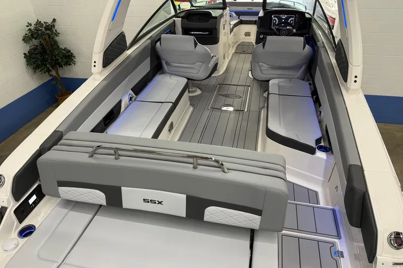 Slide: The Image of 2026 Chaparral 30 SSX boat interior with modern seating and sleek design. - 22
