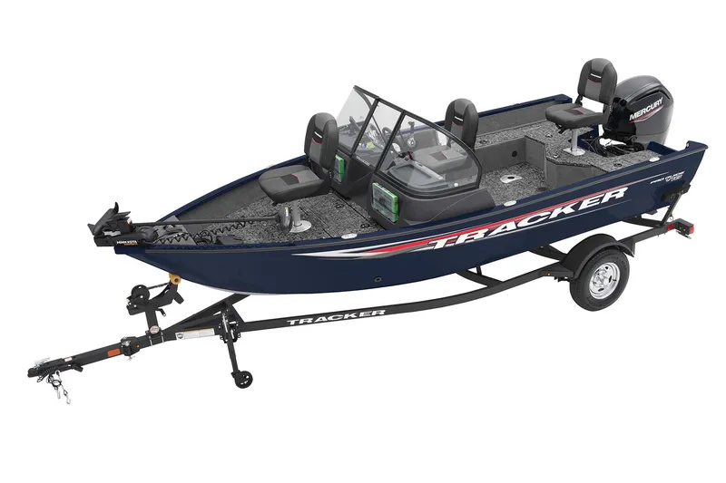 Slide: The Image of 2026 Tracker Pro Guide V-16 WT boat on trailer, side view. - 3